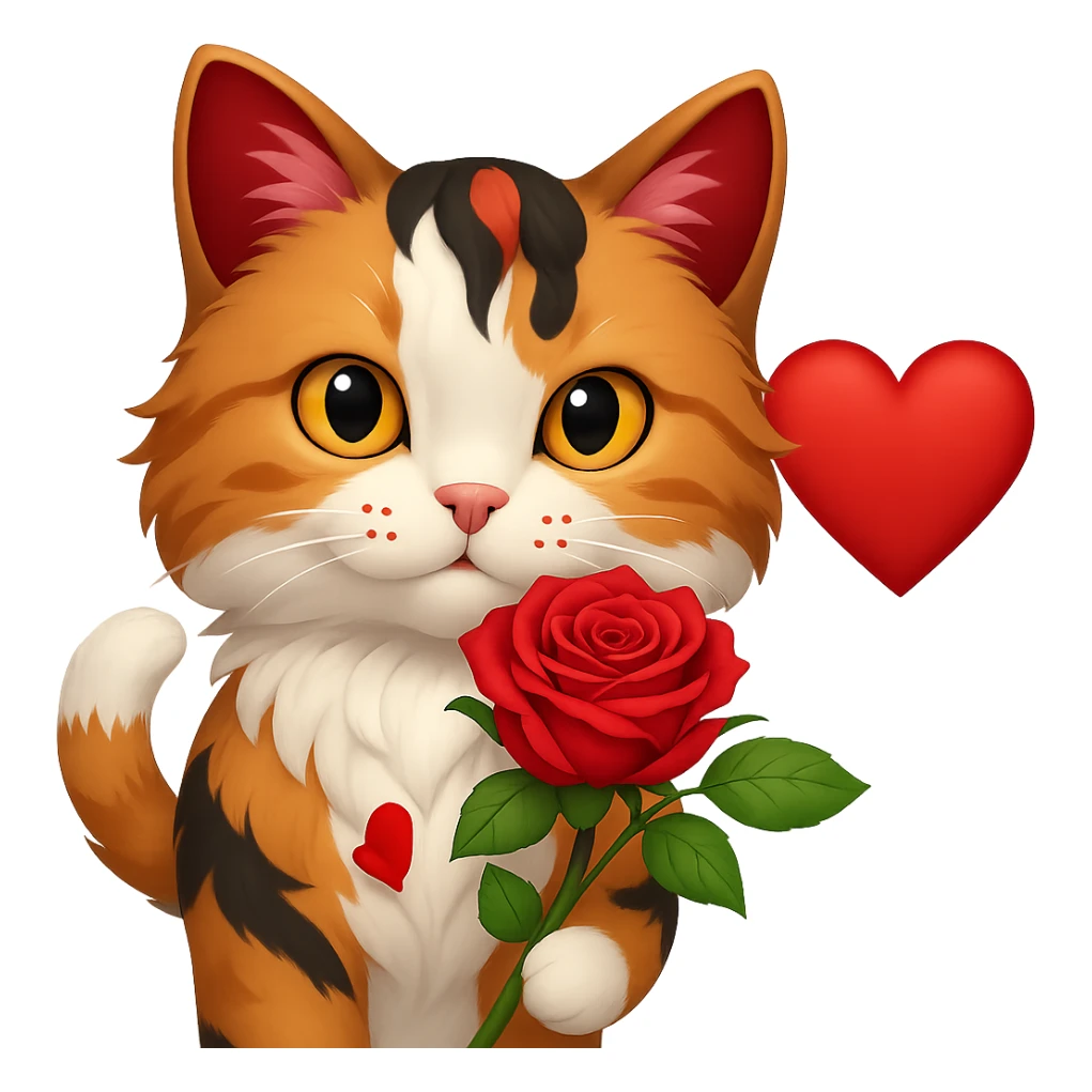 Add a heart to the tricolor cat holding a rose, keep the background transparent. sticker