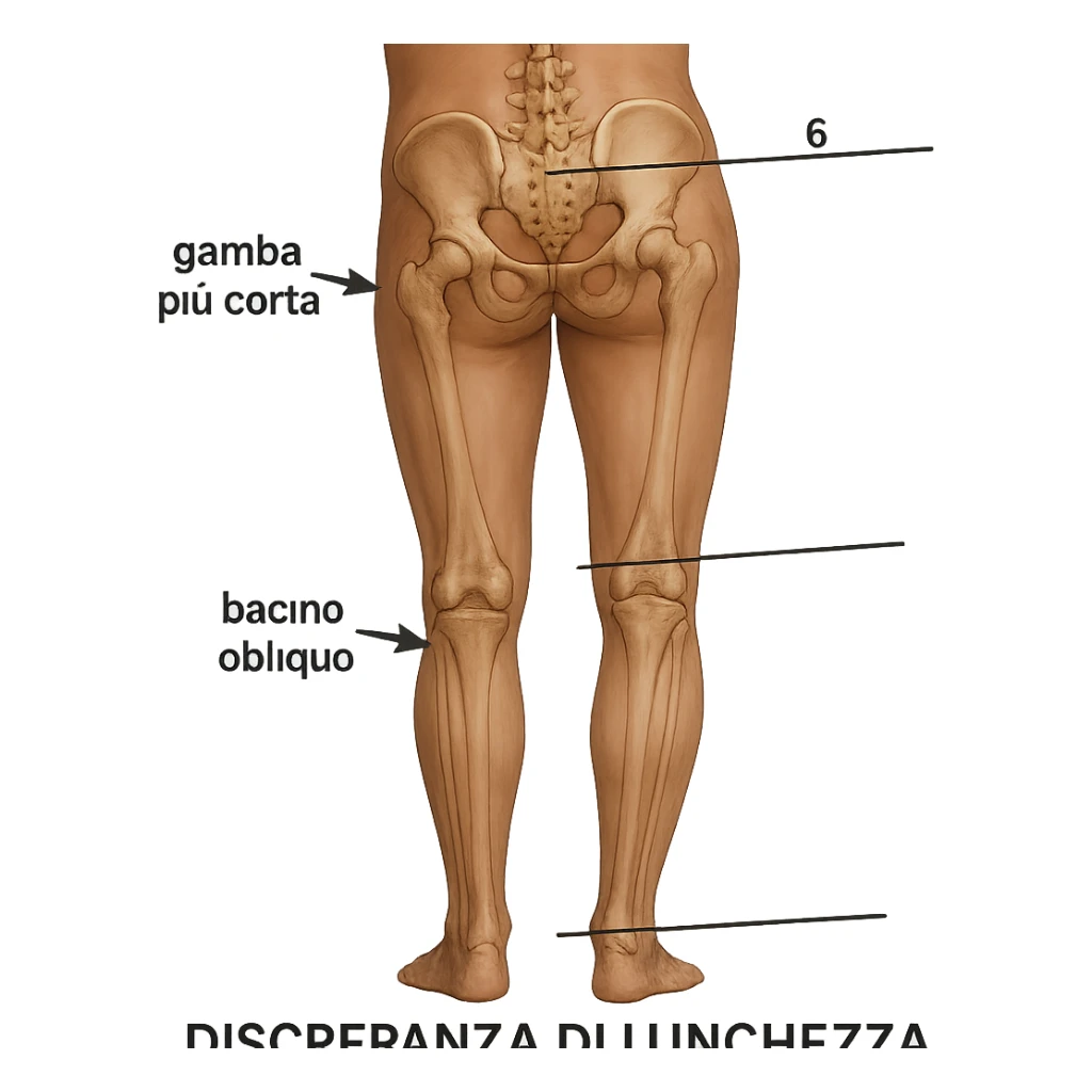 Medical style hyperrealistic posterior view highlighting the difference in leg length: one leg visibly shorter than the other, pelvis tilted for compensation. Add arrows, reference lines, and an anatomical caption in Italian to make the concept immediately understandable. Remove background. Variation 4. sticker