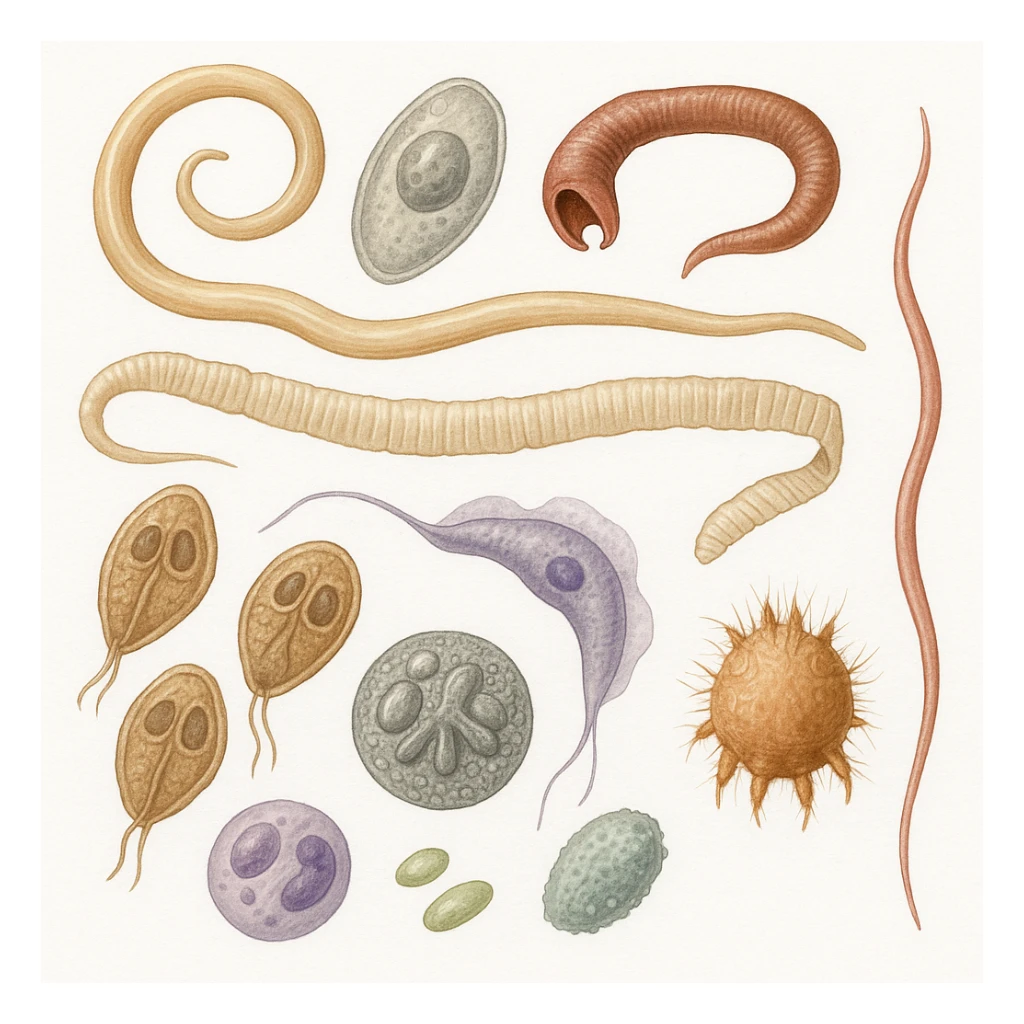 realistic illustration of various parasites including intestinal worms, protozoa, microscopic parasites, scientific style, detailed and clear, white background sticker