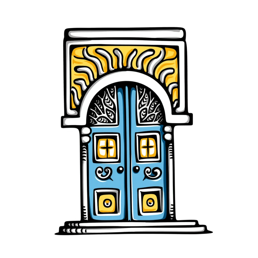 doodle of a Tunisian door with ornate patterns, blue and yellow, hand-drawn style sticker
