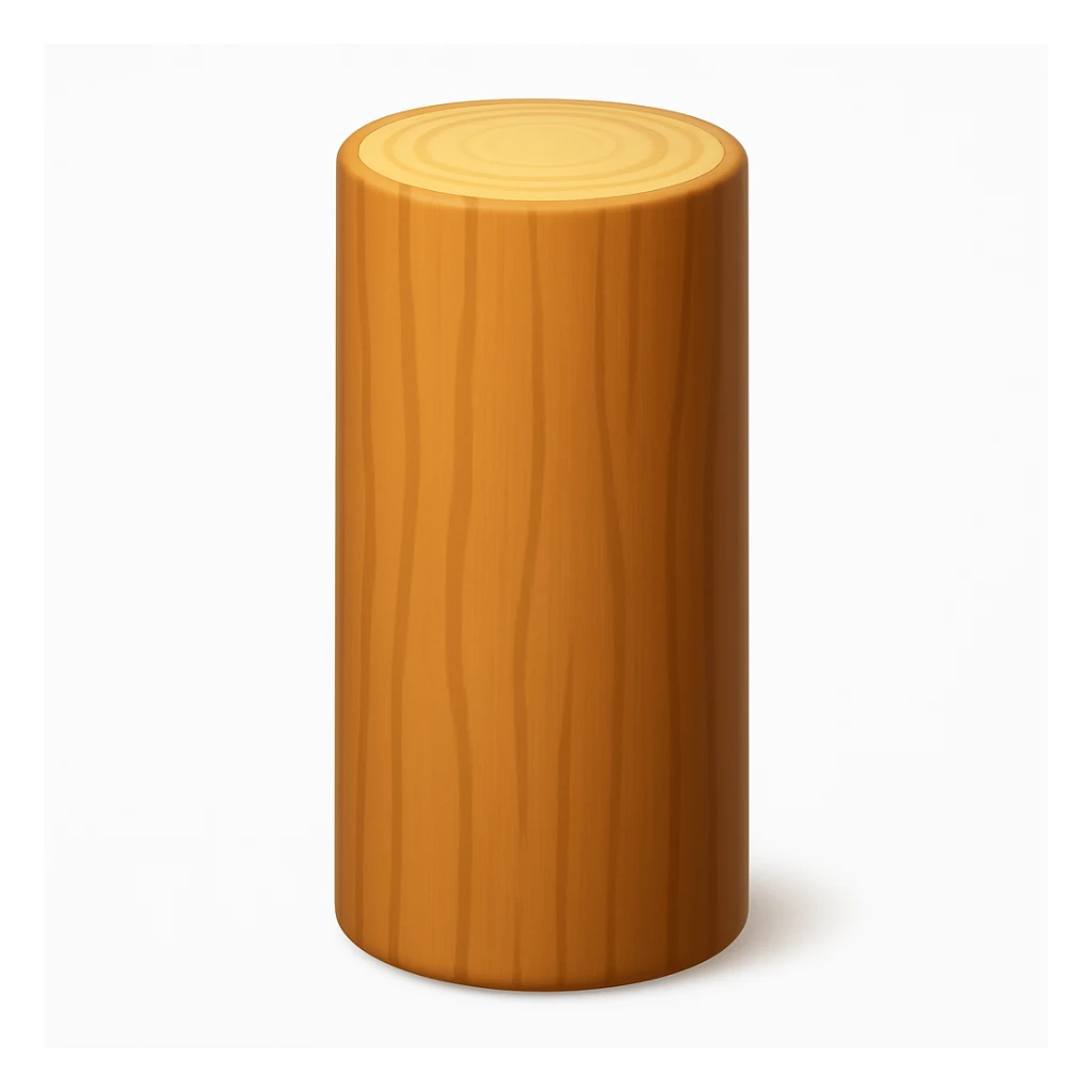 Create an emoji of a log exactly like the reference image but without the face and arms. The style should be iOS emoji style with a smooth, shiny wood texture and the log should be upright. Add a soft shadow to the log. sticker