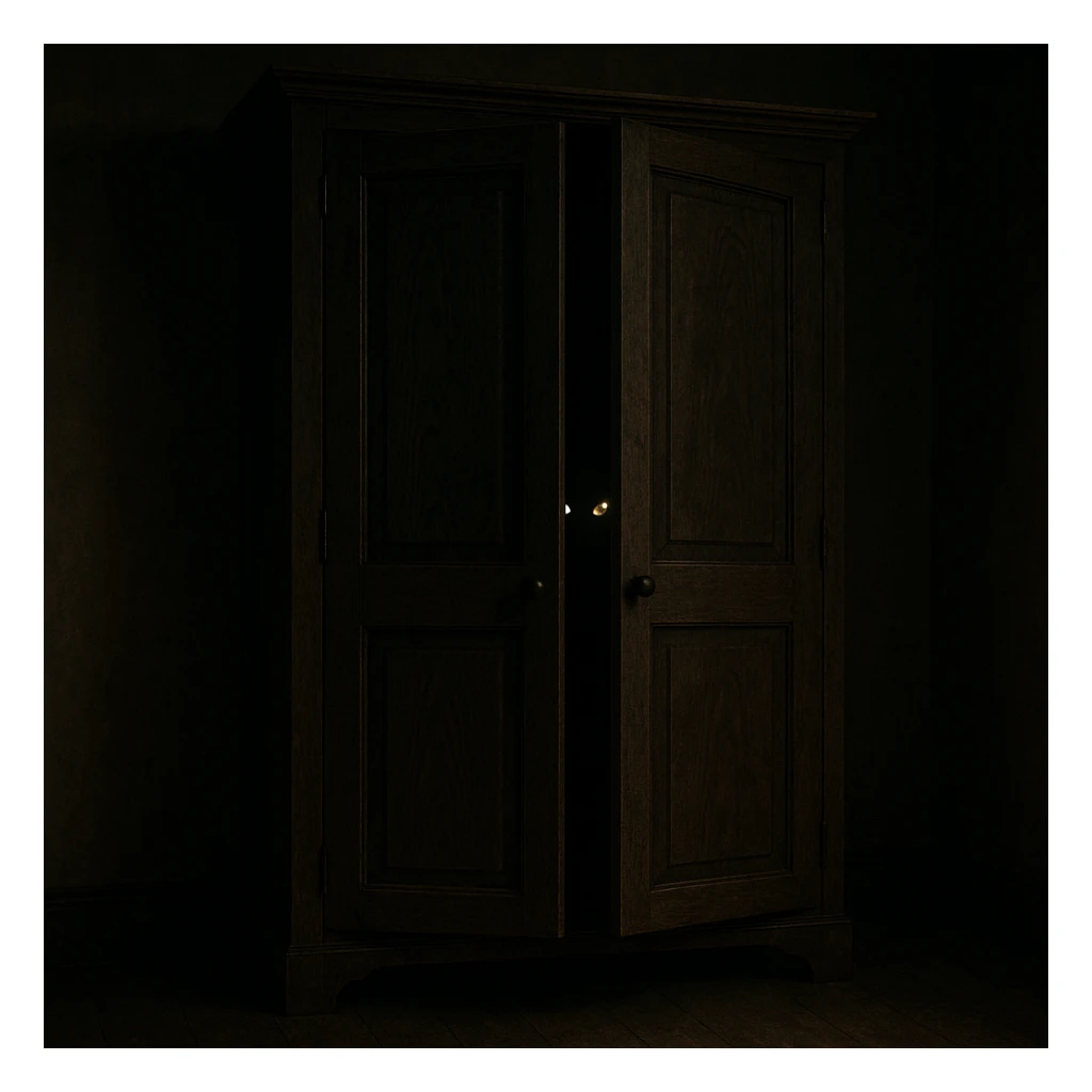 wardrobe doors ajar with eerie eyes shining from the darkness inside, suggesting the boogeyman is lurking sticker