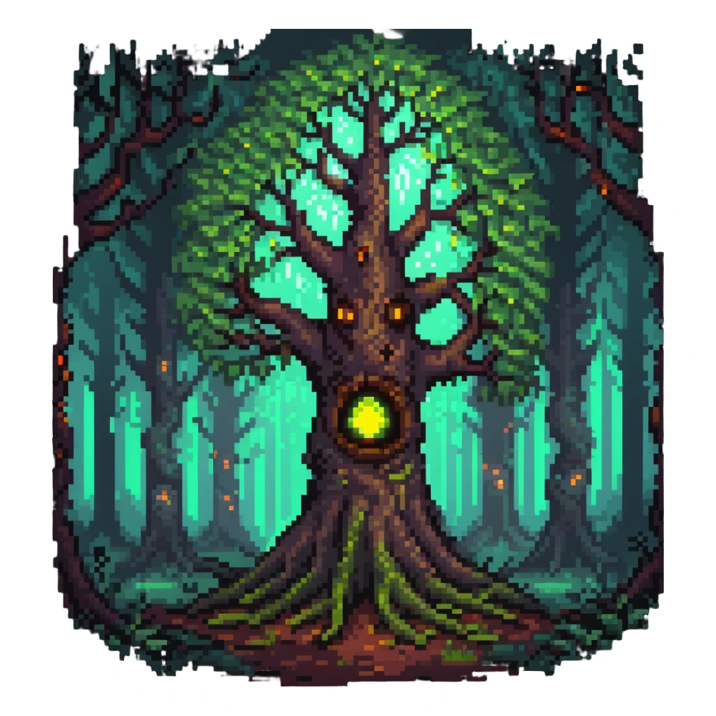 mystical tree with glowing eyes in the trunk, fantasy forest sticker