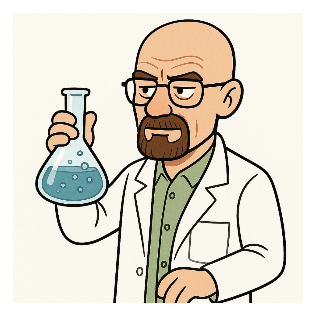 Walter White, cartoon style, bald, glasses, goatee, wearing a lab coat, holding a flask, white background sticker