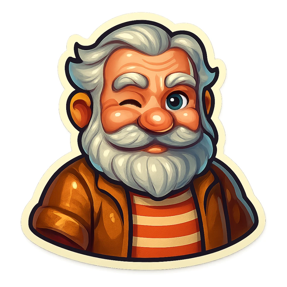 A dwarf with gray hair, a gray mustache, a gray beard, and gray eyebrows. He has blue eyes and wrinkles on his forehead. He is wearing a striped t-shirt and a brown jacket. The dwarf is displaying a wink emotion. sticker