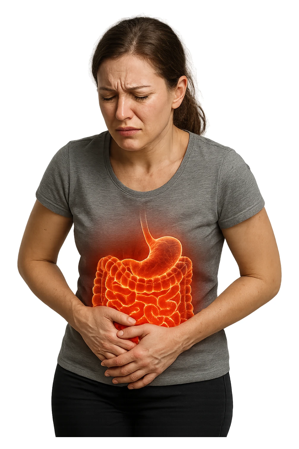 DONNA CON INTESTINO ANATOMICO REALISTICO IN EVIDENZA E MAL DI PANCIA, IPERREALISTICO 4K sticker