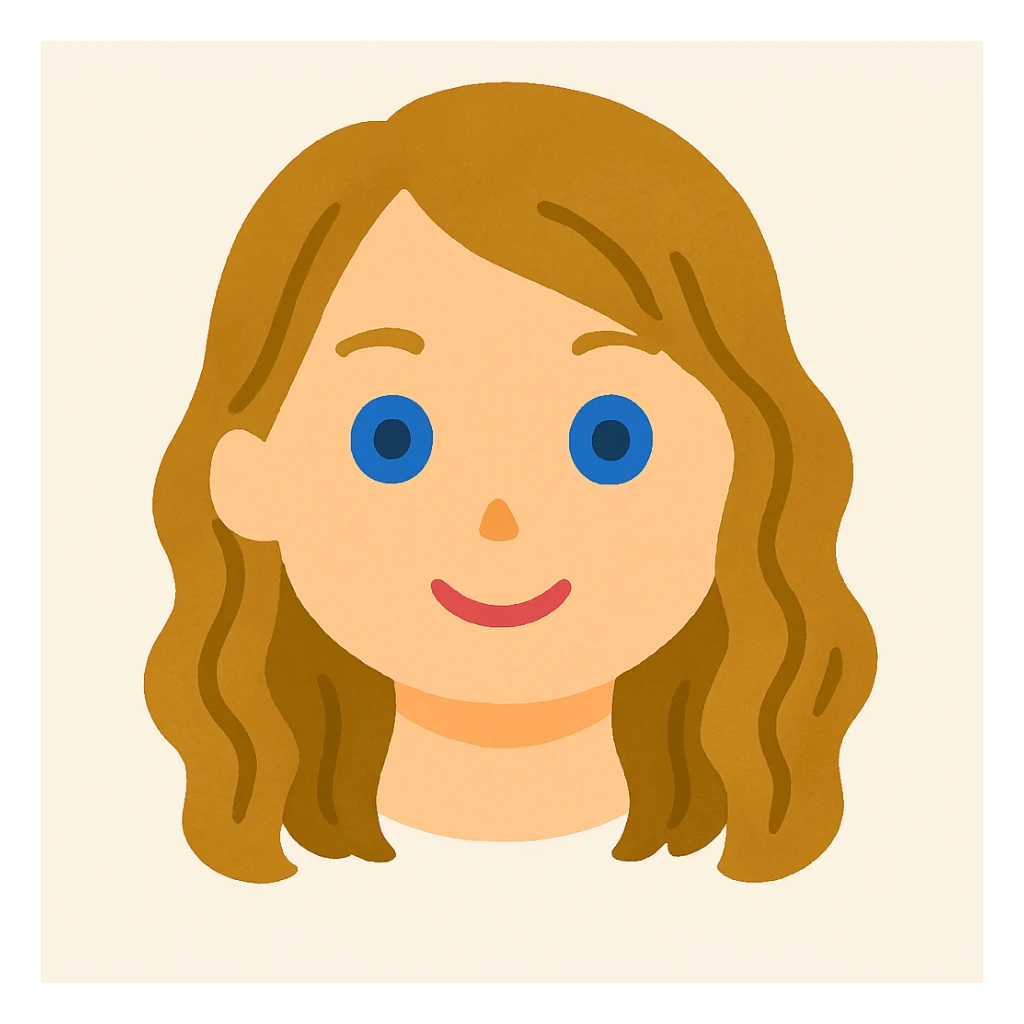 Remove the neck completely so only the head remains, keep the Irasutoya style, blue eyes, soft colors, round features, and friendly expression. Maintain the style's soft and friendly illustration characteristics. sticker