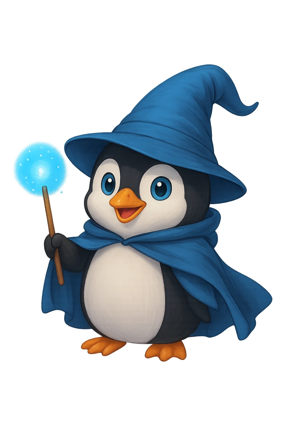 A penguin wizard with a pointy hat and a magic wand and a blue cape with no background sticker