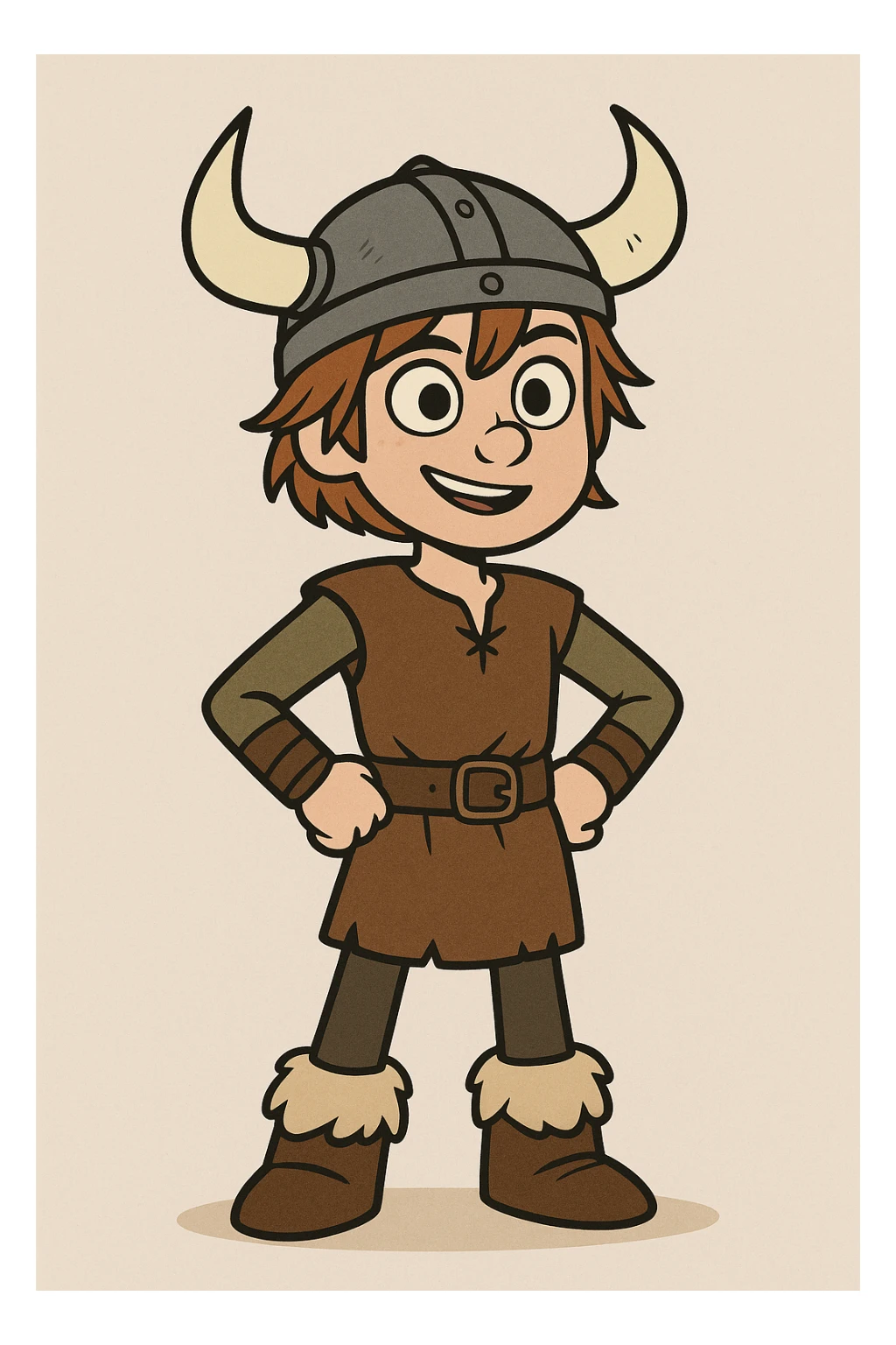 young Viking boy from How to Train Your Dragon, expressive eyes, wearing brown tunic and belt, standing confidently, modern animation style sticker