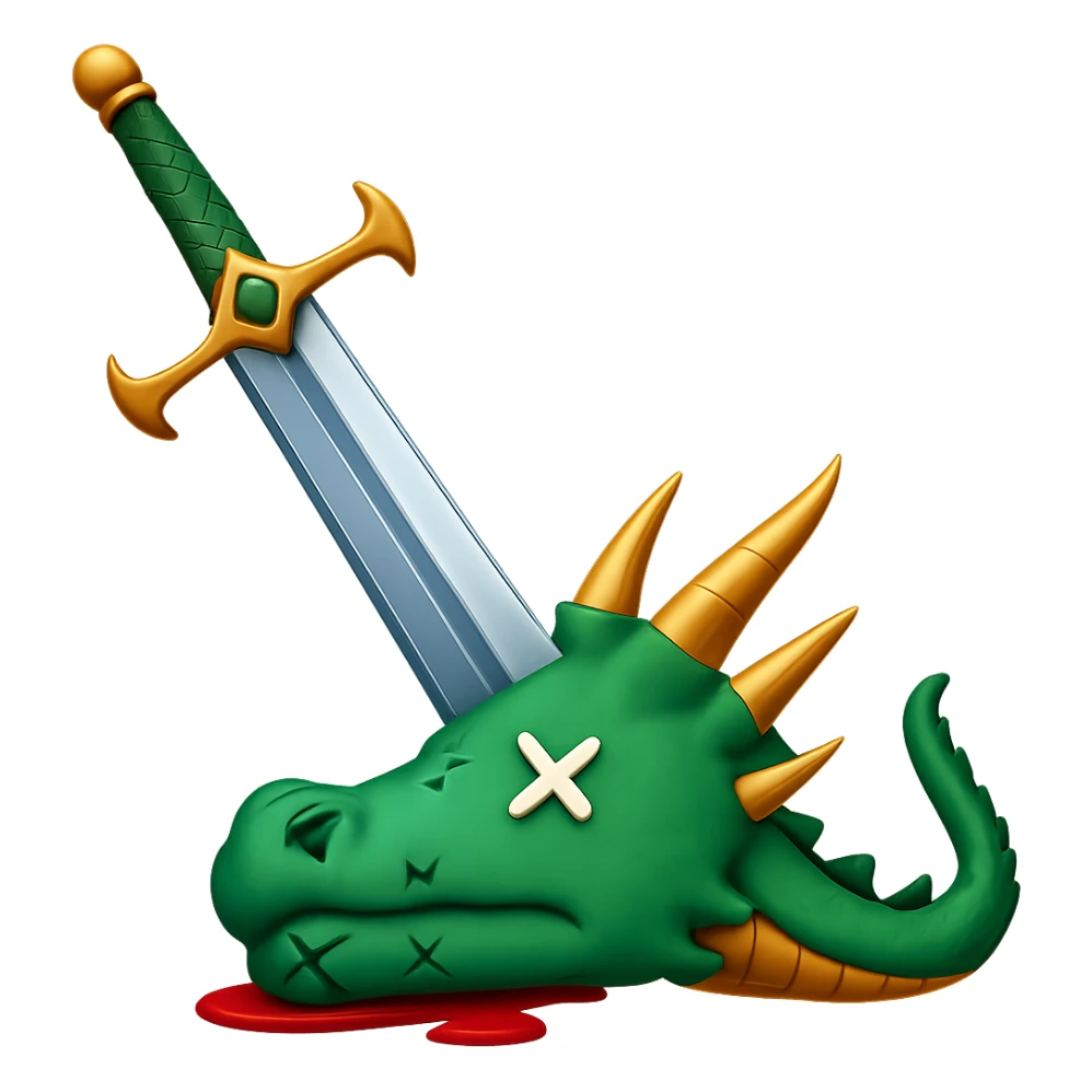 Make the sword much larger, keep the green dragon's head defeated, symbolizing conquering a challenge, in WhatsApp emoji style with no background. sticker
