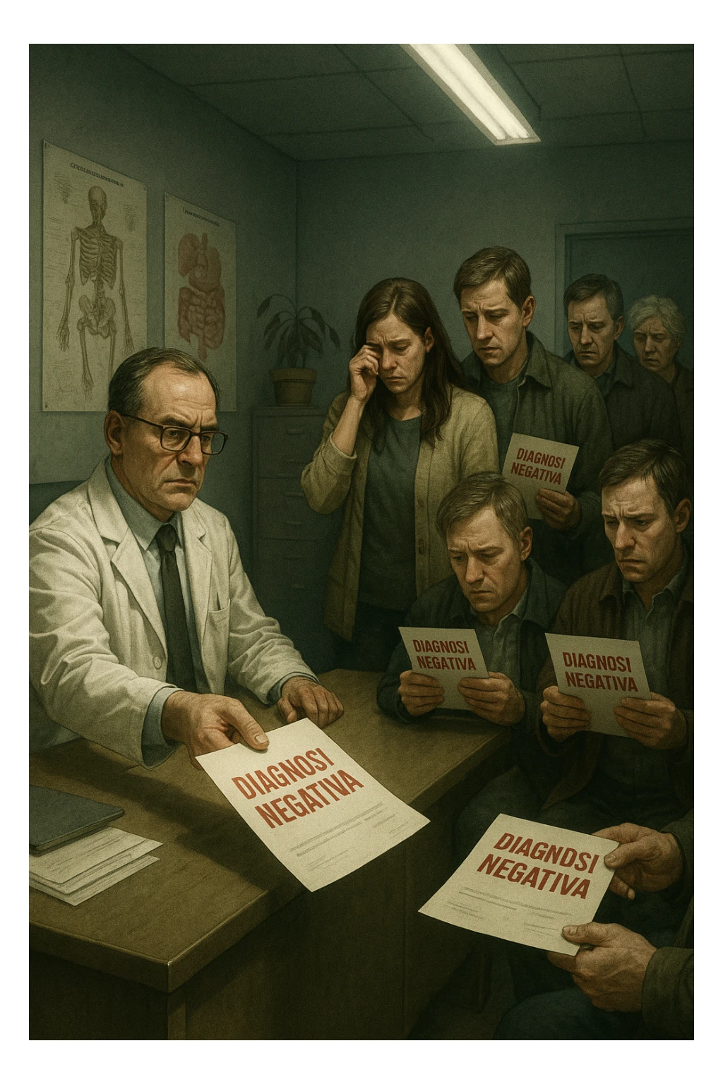 A realistic, cinematic illustration set in a dull, grey-toned medical office. A middle-aged male doctor in a white coat with a stern, cold expression is seated at his desk, handing out medical reports with large red ‘Negative Diagnosis’ stamps to each patient in line. The patients, of various ages and appearances, stand in a line, each looking increasingly sad, defeated, and demoralized as they receive their papers, with slumped shoulders and empty gazes. One young woman wipes away a tear, while a man stares at the paper in shock. The background shows medical posters, a faded plant, and harsh fluorescent lighting, emphasizing the cold, mechanical environment. The mood is heavy, illustrating how negative diagnoses delivered without empatia can deeply affect the mental health and morale of patients. The style is realistic, with subtle filmic grain, emphasizing emotional impact and the weight of medical words on people’s lives. in italiano sticker