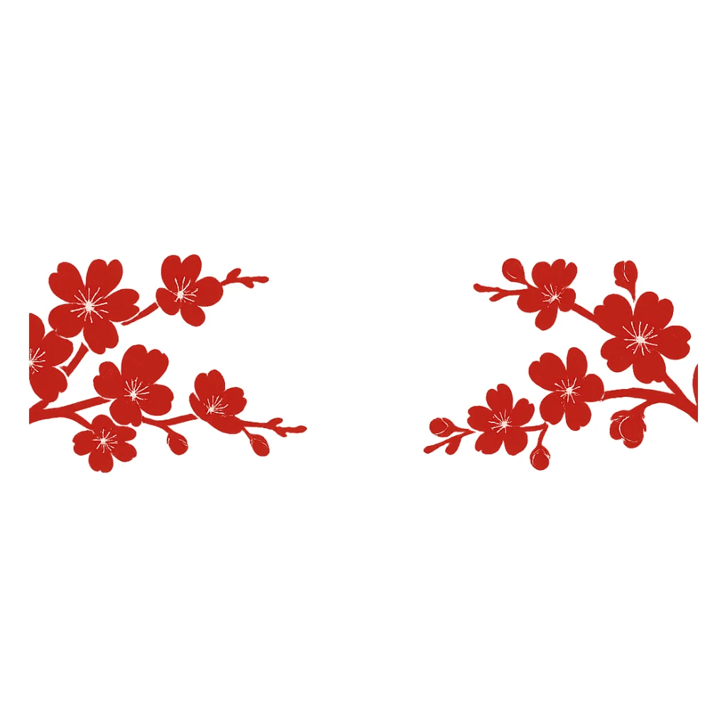 Cut out only the cherry blossom branches on both sides, without background or base, single color, style similar to the reference image, size 1200x100px, transparent background. sticker