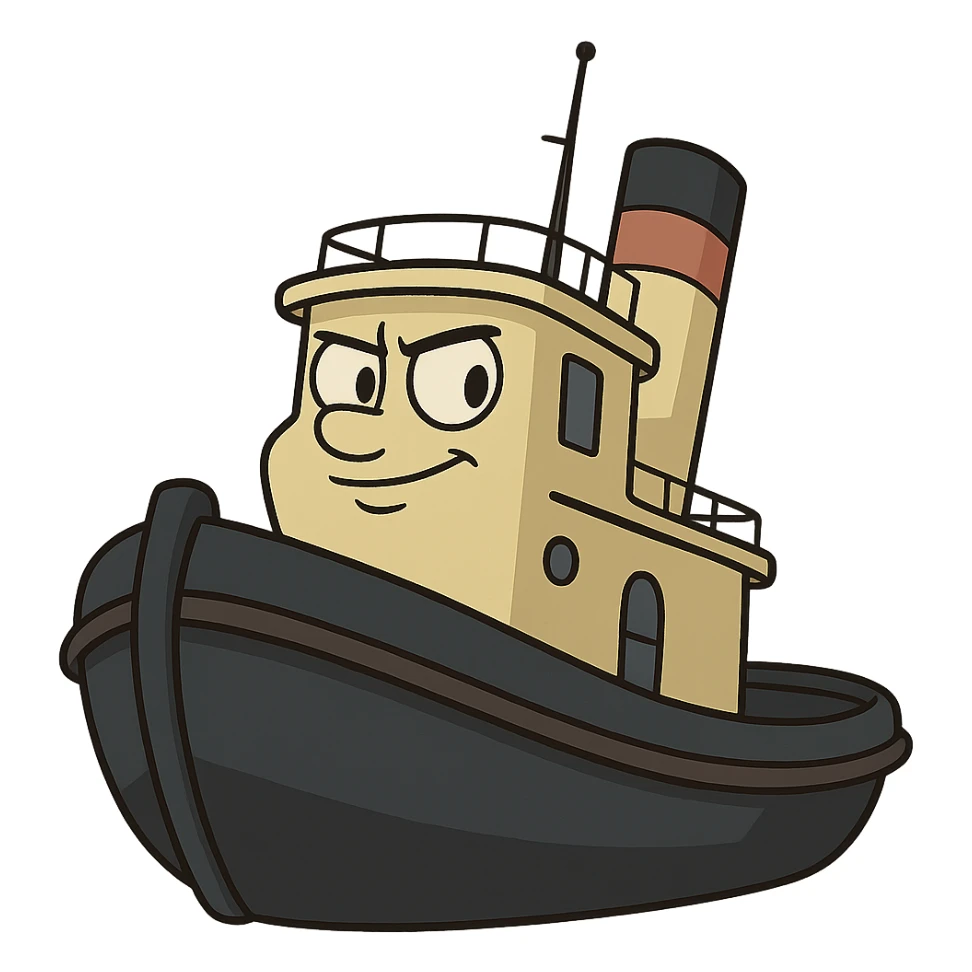 flat cartoon style tug boat with dark hull and cream yellow upper structure sticker