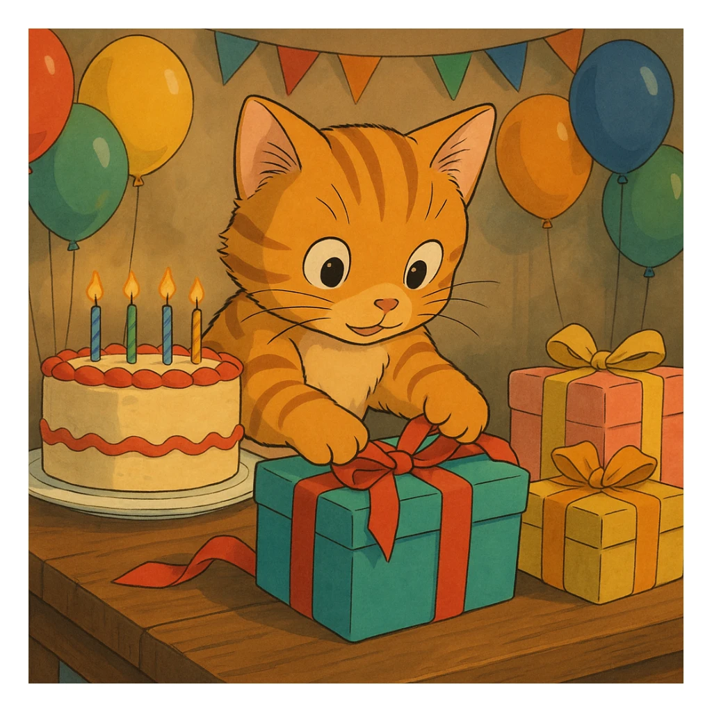 ginger tabby kitten opening presents, birthday party scene with balloons and cake, ghibli style sticker