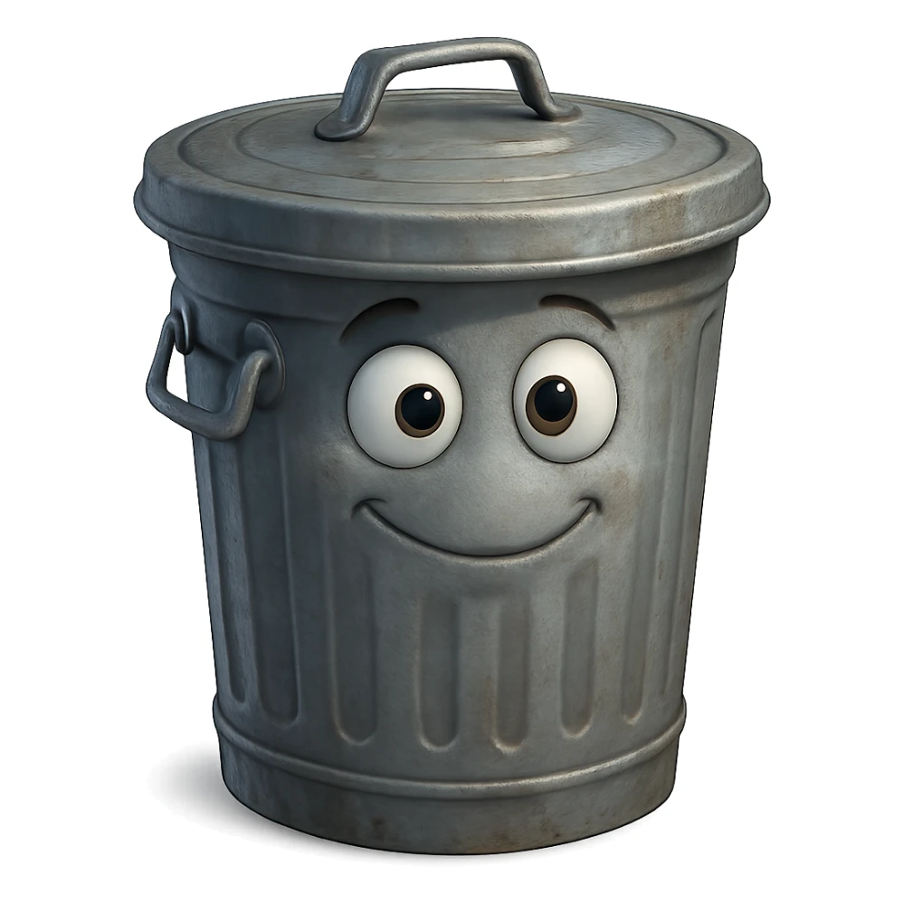 Draw a Pixar-style trash can. The trash can should be visible from the front and top. sticker