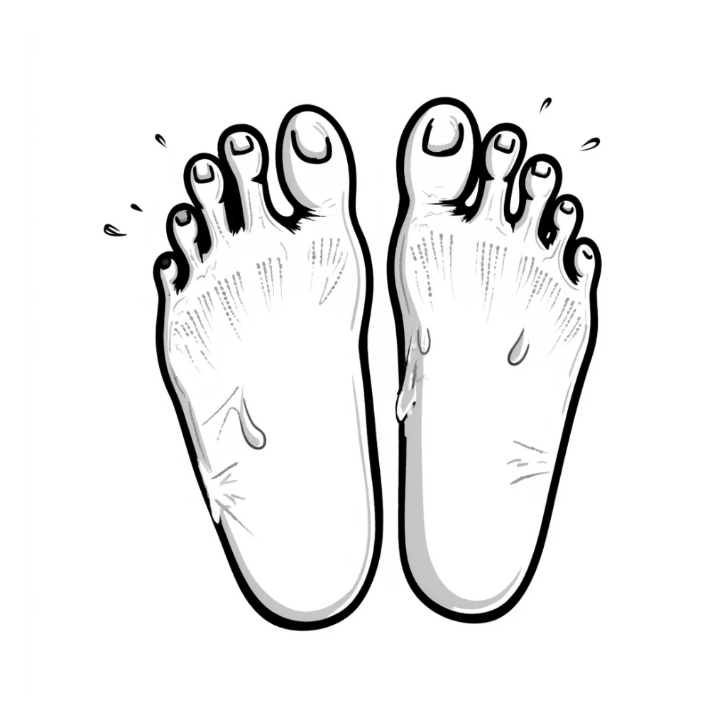 realistic drawing of two human foot soles covered with white sticky tree sap, detailed illustration sticker