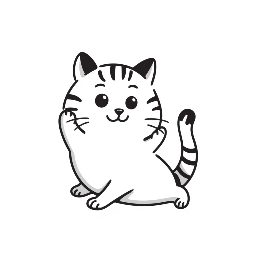 Cute tabby cat with white stomach, hand-drawn style, playful pose showing white belly sticker