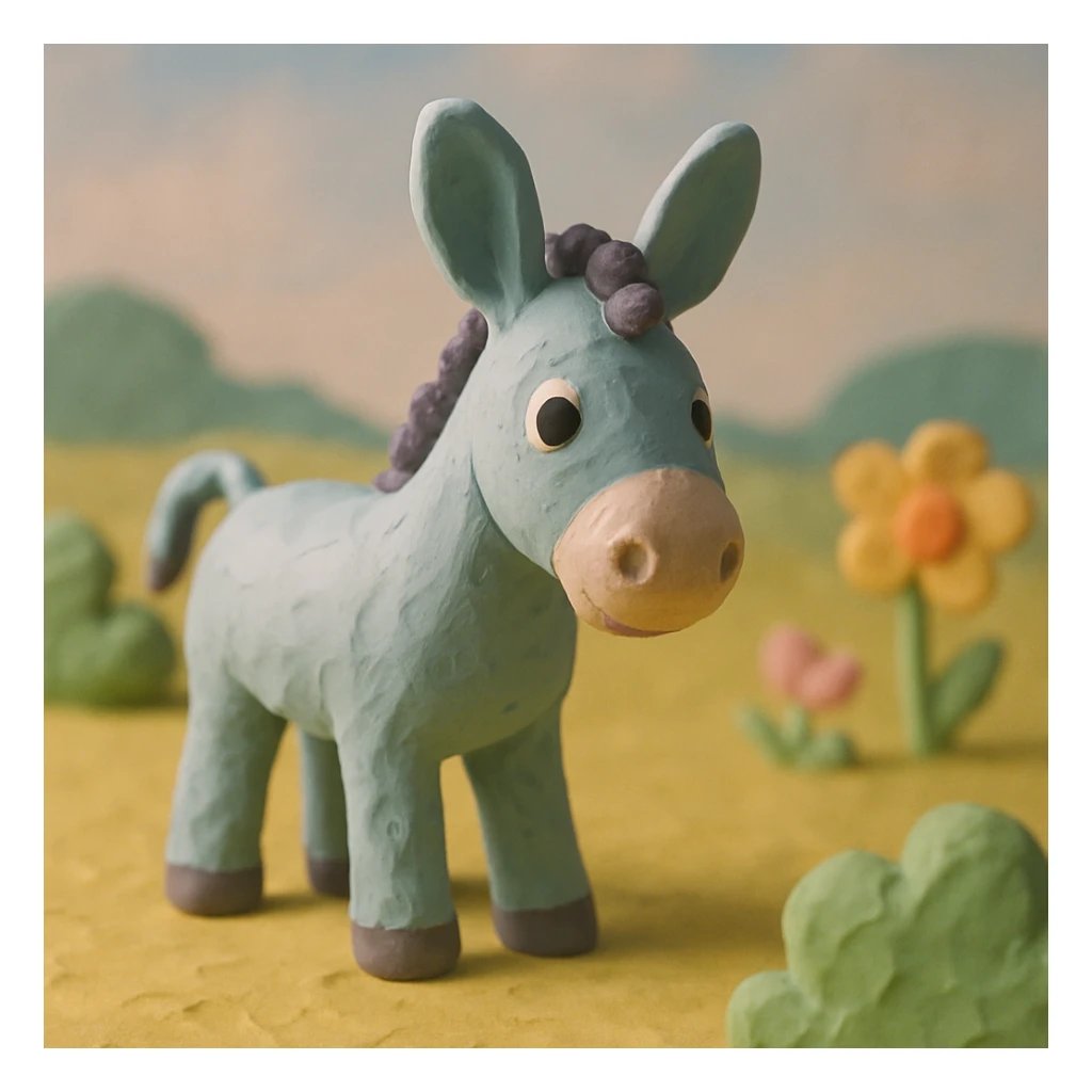 donkey standing in a field, pastel colors, visible fingerprints, playful and textured, claymation style sticker