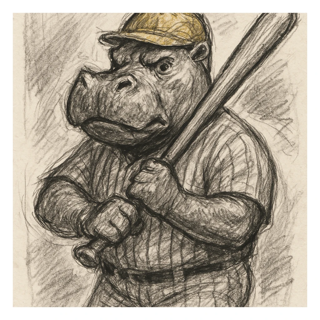 hippo holding a baseball bat, wearing a yellow helmet, pinstripes outfit sticker