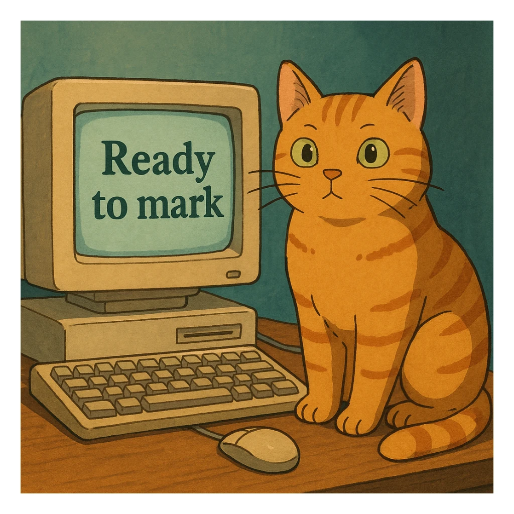 A cat sitting next to a computer with the inscription 'Ready to mark' sticker