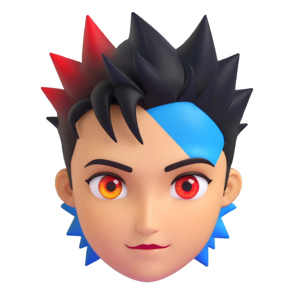 round emoji face left half black shadow, right half glowing golden, left eye intense red, right eye calm blue, confident tilted smirk, short spiky hair half black half golden, no background, silent power and confidence sticker