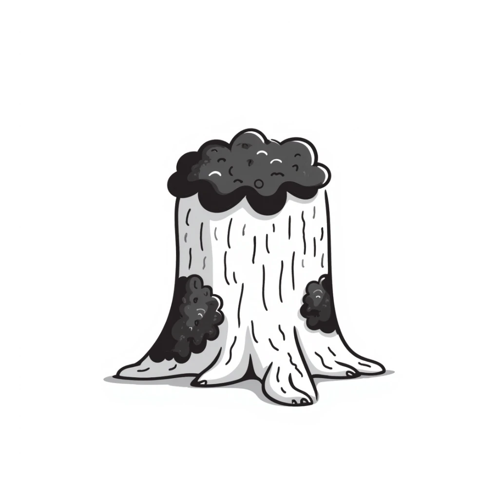 mossy tree base, hand-drawn doodle style, simple black lines, playful and minimal sticker