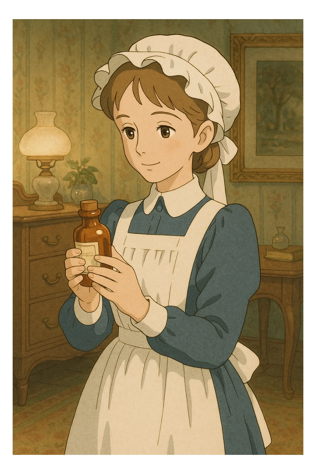 victorian nurse holding a medicine bottle sticker