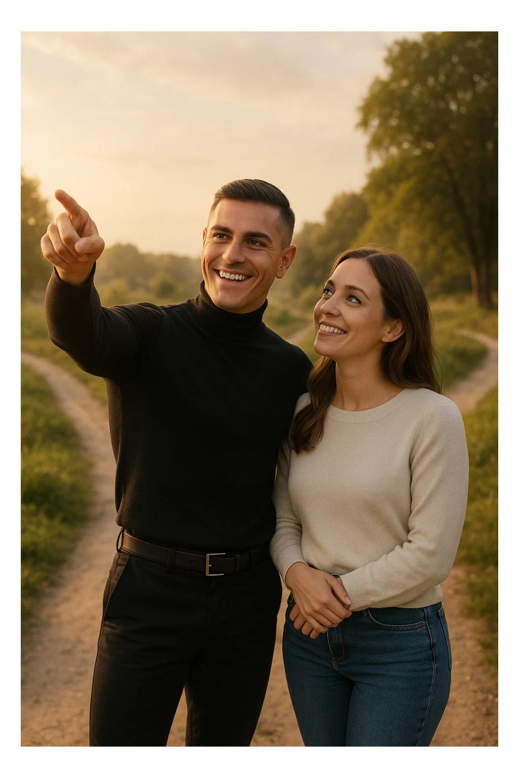 a couple stands at a crossroads, the man pointing confidently toward a direction while the woman looks at him with trust and optimism. Both are illuminated by soft, uplifting light, representing faith in each other’s strengths and the positive outcomes of working together. sticker