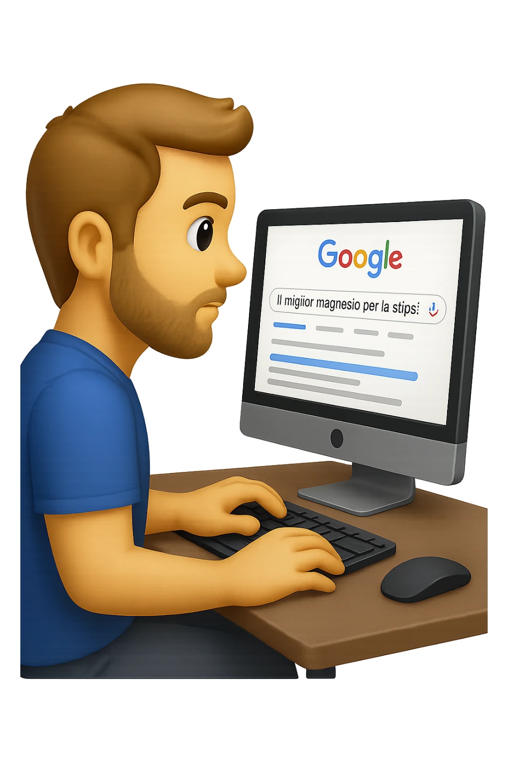 emoji stile iphone di un uomo davanti al pc che cerca di google: "Il miglior magnesio per la stipsi", iperrealistico 4k sticker