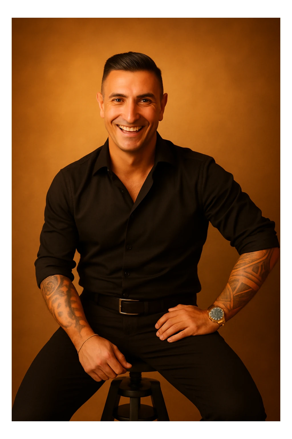 Make the man appear more energetic and vital with a warm atmosphere and a more radiant smile, in a realistic style, aspect ratio 2:3. sticker