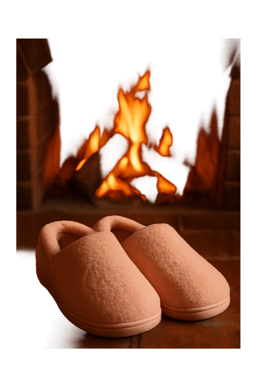 pink cozy slippers by a fireplace with warm glow sticker