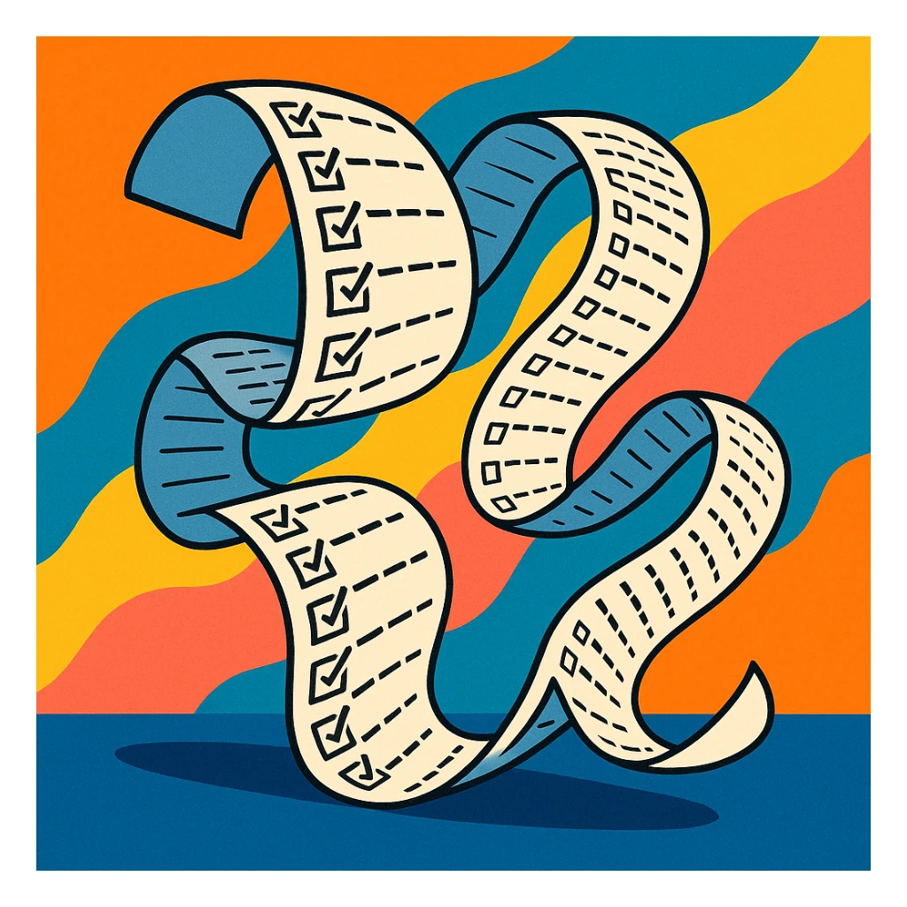 never-ending to-do list paper twisting and turning with exaggerated curves, filled with rows of tiny checkboxes, fading away in a vibrant cartoonish scene sticker
