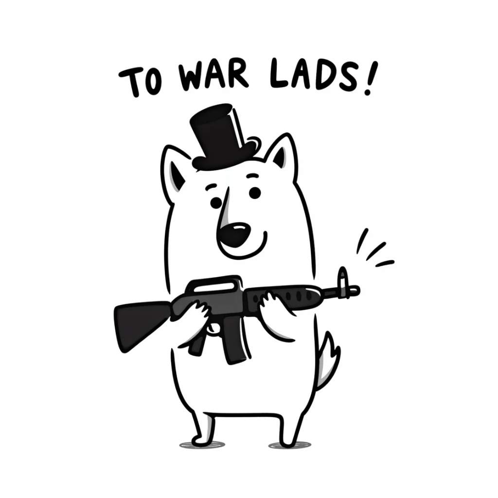 doge with a tophat and minigun, hand-drawn doodle style, 'TO WAR LADS!' in handwritten text sticker