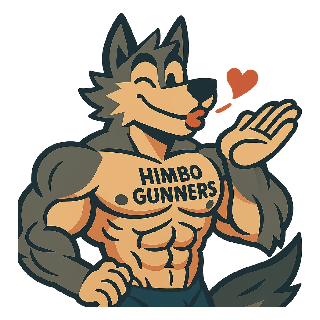 super buff wolf furry, shirtless, with 'Himbo Gunners' tattooed on his pecs, blowing a kiss and winking, happy and flirty, highly defined and detailed muscles, ultra high quality sticker