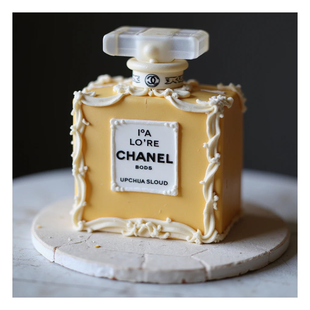 photorealistic Chanel perfume bottle cake, elegant details, no background sticker