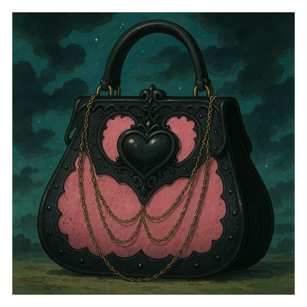 pink and black gothic purse, heart-shaped clasp, delicate chains, fantasy vibe sticker