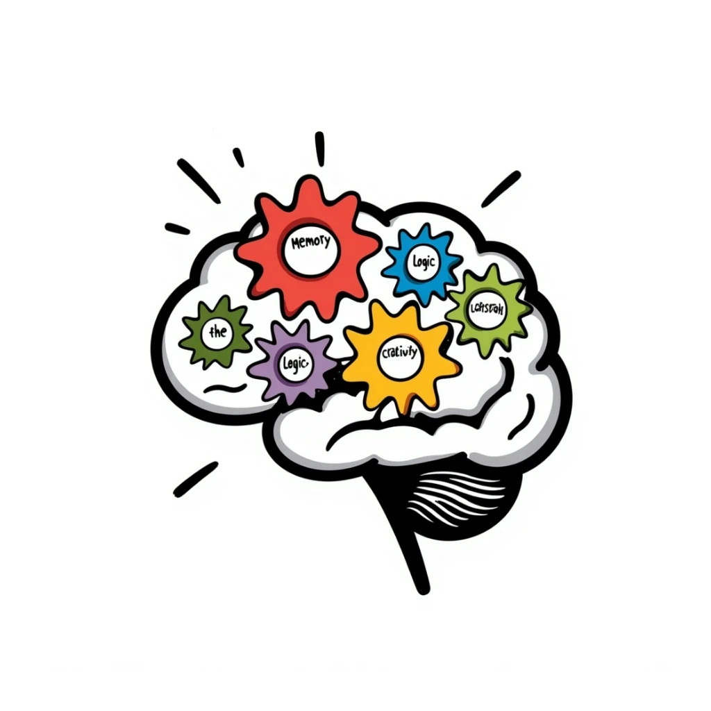 a brain with colorful gears inside, playful hand-drawn doodle style sticker