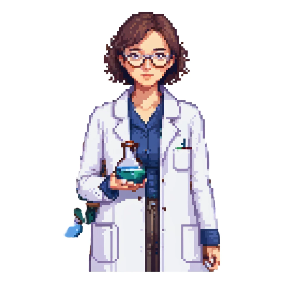 Flat pixel art, a female chemist, wearing glasses, white lab coat over indigo shirt, focusing on lab experiment, holding a flask in her right hand, waist-up, front-facing sticker