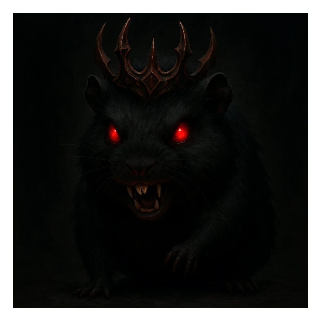 evil black guinea pig, red eyes, demon crown, sharp teeth, menacing pose, dark background sticker