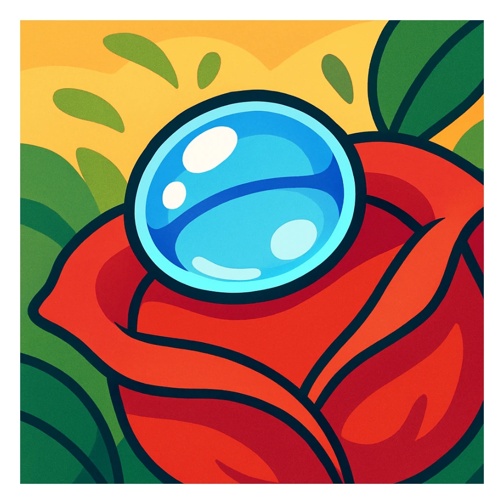 a stylized dew drop on a rose petal, vibrant colors, cartoon style sticker