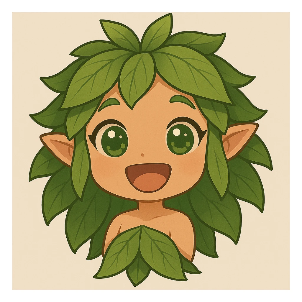Remove the animal from the image. Make the chibi forest nymph show a big grin instead of a smile. Keep the leafy hair and happy expression. Style: chibi stickers. sticker
