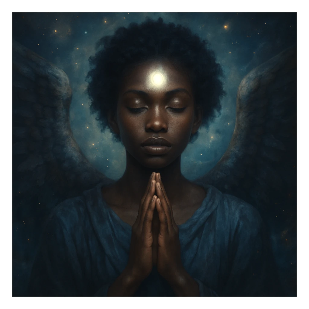 black angel in prayer, third eye illuminated, celestial and dreamy atmosphere sticker