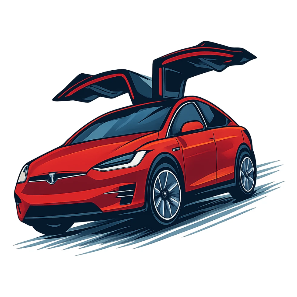 red Tesla Model X with falcon doors open, moving left to right, angled upward, modern illustration sticker