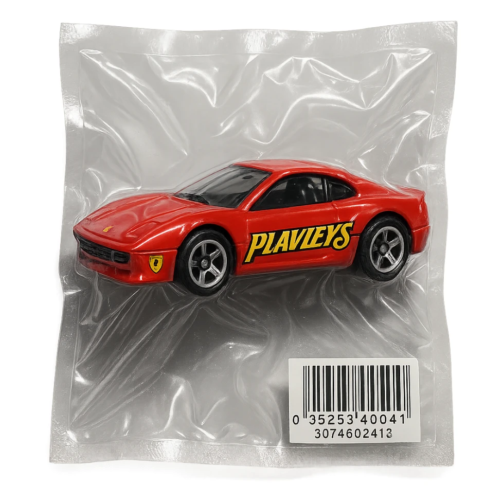 red Ferrari in Hot Wheels packaging, 'PLAVLEYS' in stylized racing script on the door, glossy vacuum-sealed style sticker