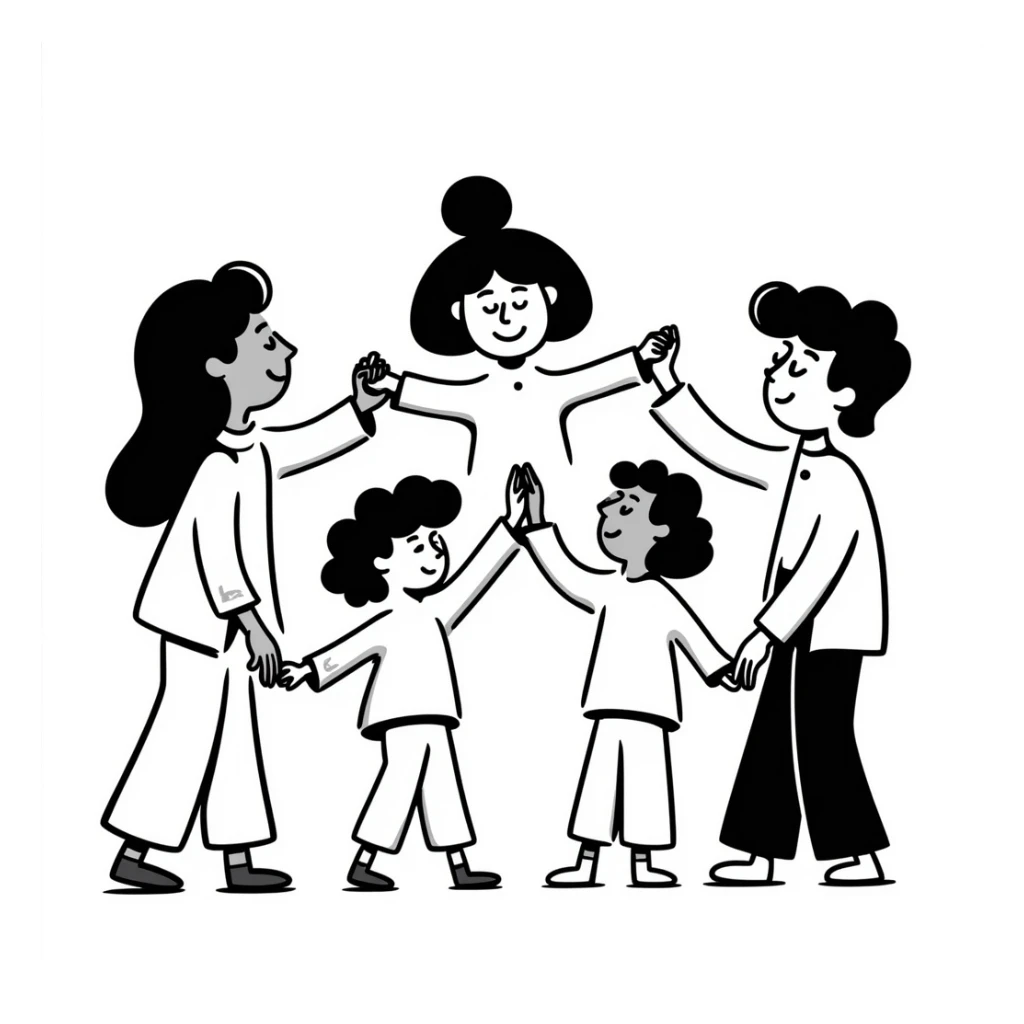 team building, group of people joining hands in a circle, playful and energetic, hand drawn doodle style sticker