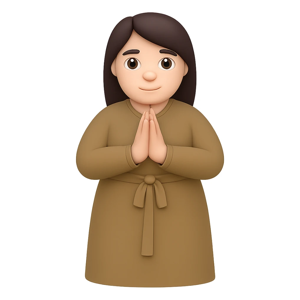Make the woman a little thicker (not very thin), standing and praying from the front view, wearing a long tan dress, with dark brown hair, in emoji style, with no background. sticker