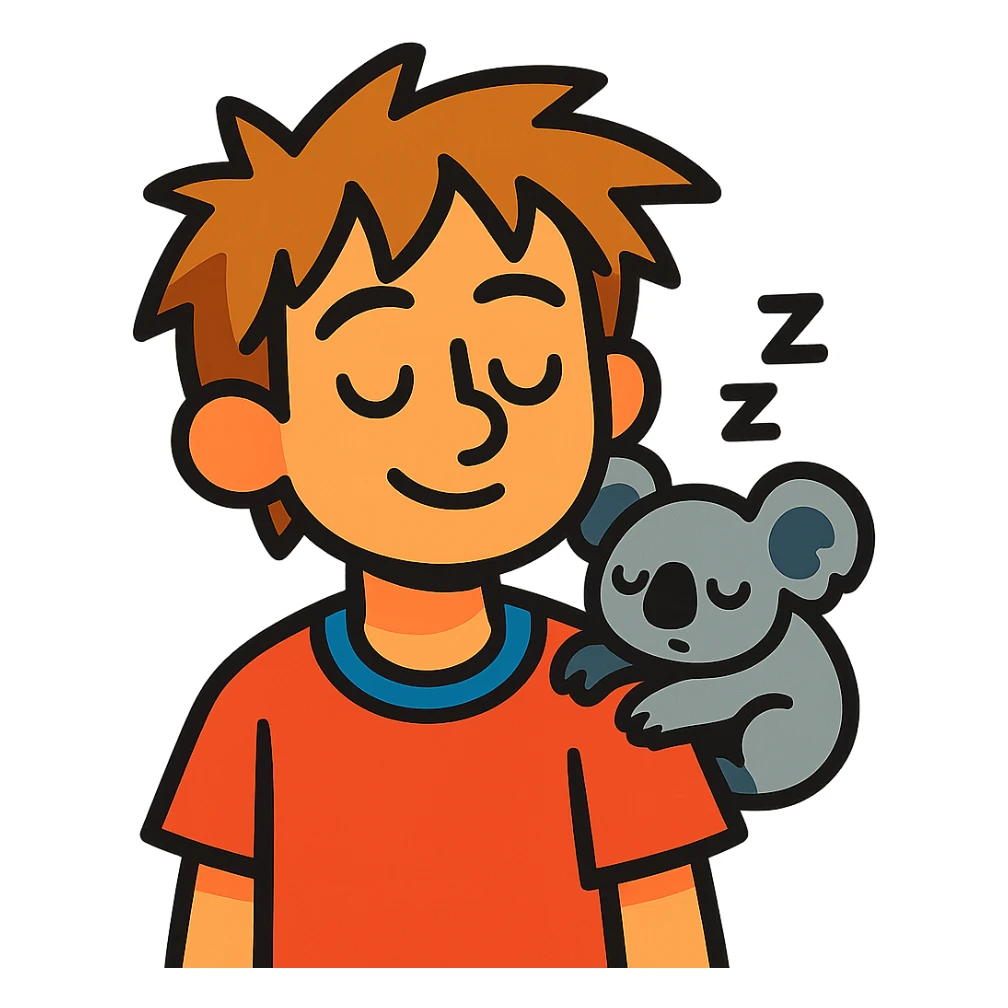 light brown messy haired boy with a very small sleepy koala on his shoulder, vibrant toon style sticker