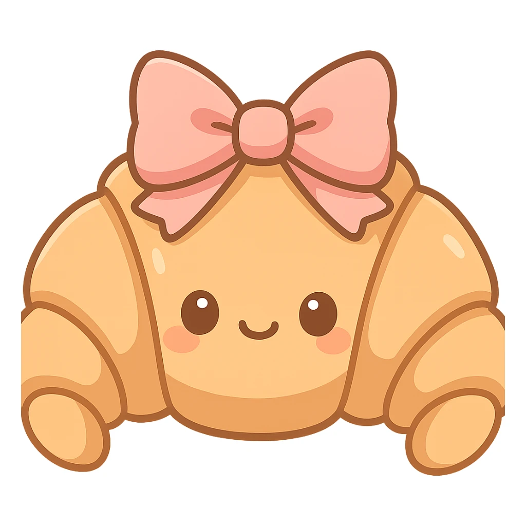 chibi sticker-style croissant with a bow, cute and exaggerated sticker