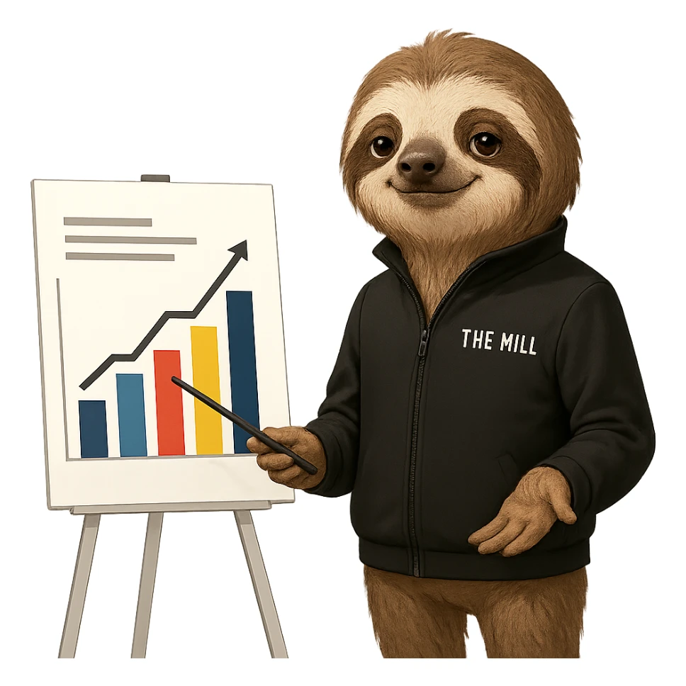 a sloth in a black 'The Mill' jacket, confidently presenting a business chart, looking smart and professional sticker