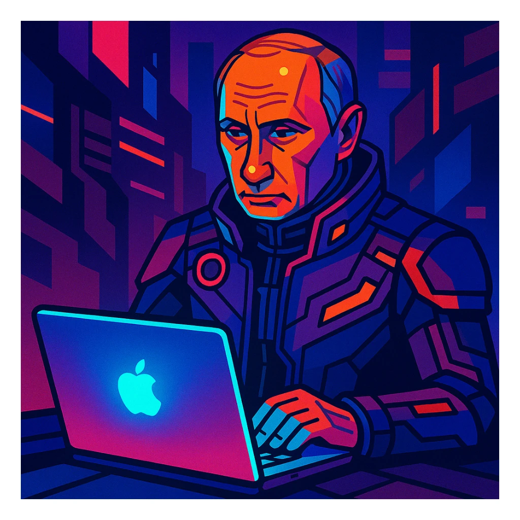 Futuristic cyberpunk-themed Vladimir Putin using a glowing MacBook sticker